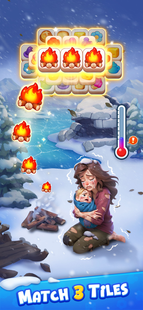 Match three fire tiles to rescue a shivering mother and baby in the snow