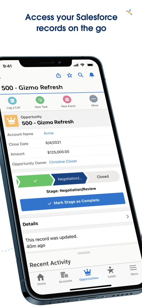 iPhoneのSalesforceモバイルアプリ。販売機会レコードが表示されています。