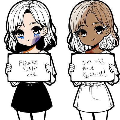 a realistic girl holding a sign