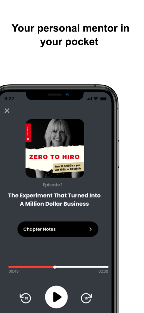 Hiro.fm - Smartphone screen displaying the Hiro.fm app audio player featuring a business-themed private podcast episode