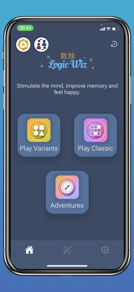 Sudoku & Variants by Logic Wiz - Main menu of the Logic Wiz Sudoku app showing options to play classic puzzles, variants, and adventures.