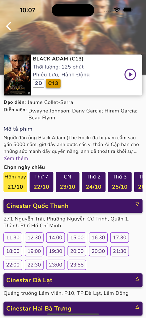 Cinestar app screen displaying movie details for Black Adam and showtimes in Ho Chi Minh City