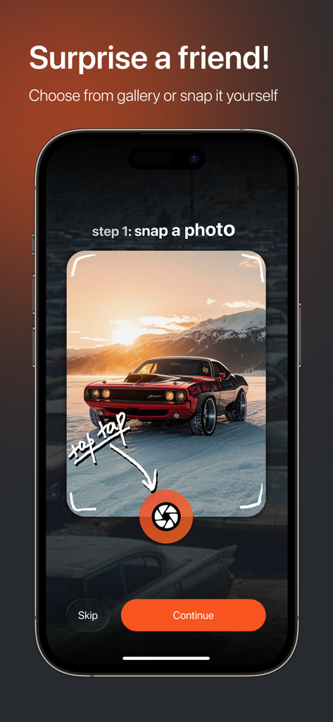 App screen showing the first step to snap a photo of a car for a damage prank