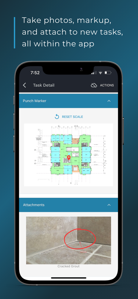 Simpel - Smartphone screen displaying Simpel app task details with a floor plan marker and a marked up photo of a construction defect