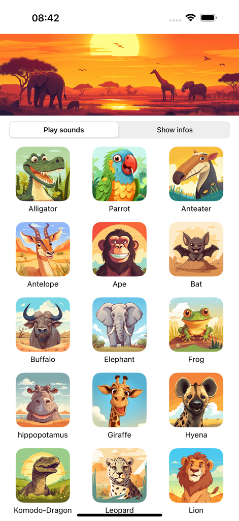 Safari-Sounds - Interface do aplicativo móvel Safari-Sounds mostrando uma grade de várias ilustrações e nomes de animais com um banner de paisagem de savana