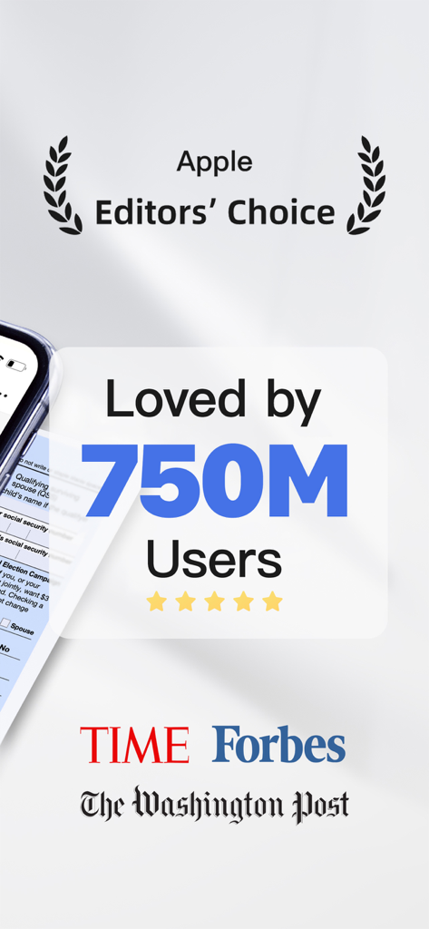 Werbebildschirm für Scanner App mit Auszeichnung "Apple Editors Choice", 750 Millionen Nutzern und Empfehlungen von Time, Forbes und The Washington Post