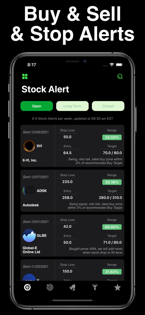 Stocks Alert - Stock Screener - Mobile app interface showing stock alerts with entry price, stop loss, and target values for active traders
