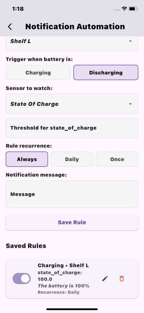 Notification automation screen for setting custom battery alerts in the CEPOWER JKBMS Monitor app