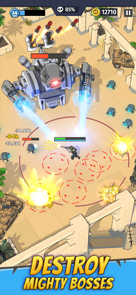 Last Hero Top-down Shooterのゲームプレイで、ヒーローキャラクターが巨大なロボットボスと戦っている様子