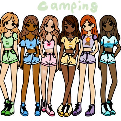 a group of girls wearing crop tops and shorts
