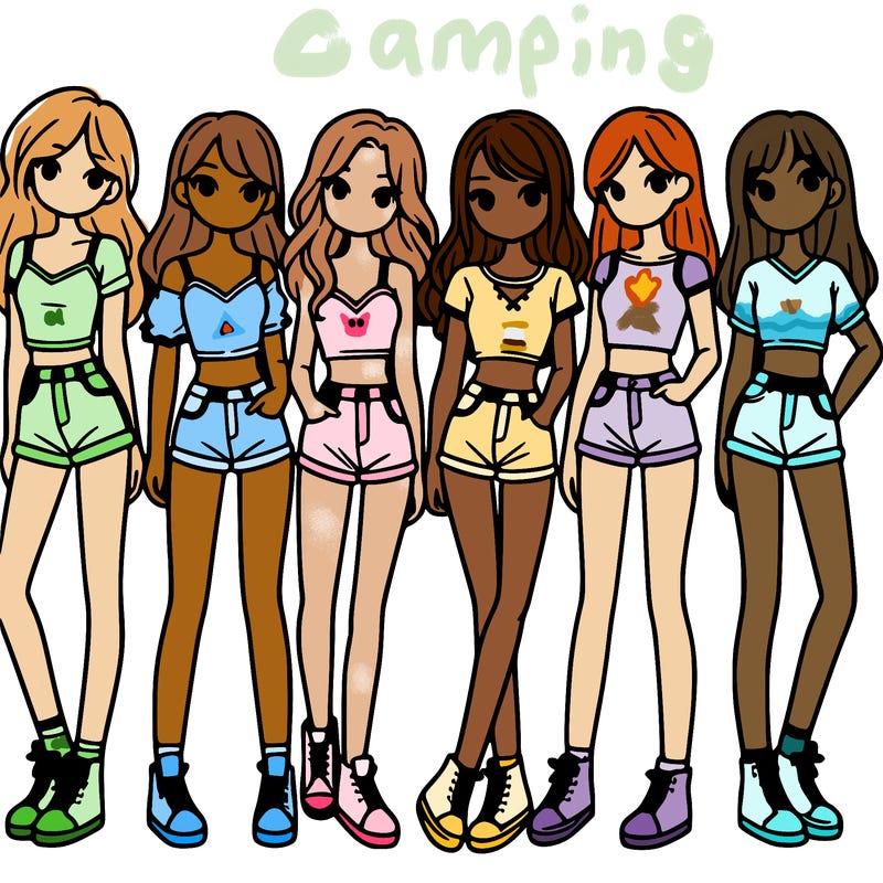 a group of girls wearing crop tops and shorts