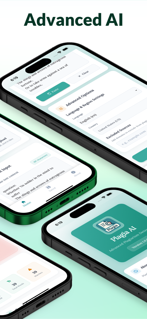 Plagia AI mobile app showing advanced plagiarism detector settings and text analysis screens.