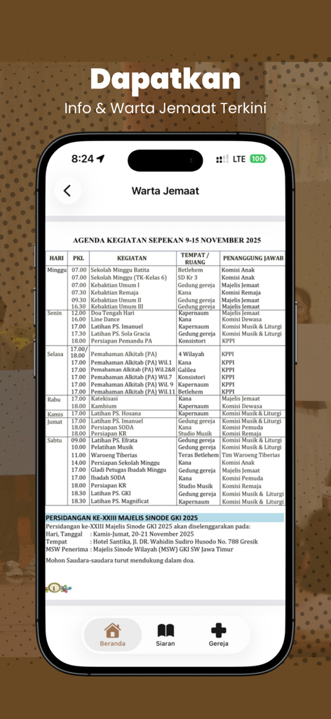 Weekly activity agenda and congregational news on the GKI Salatiga Plus mobile app.