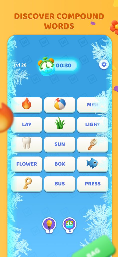 Words Merge - Um nível em Words Merge mostrando uma grade de peças com palavras e ícones usados para formar palavras compostas