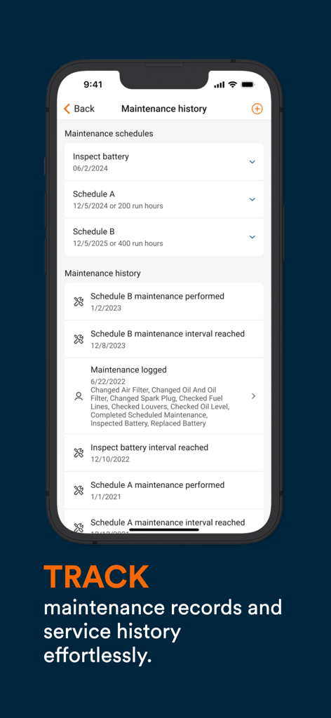 Mobile Link for Generators - Mobile Link app maintenance history screen displaying generator service logs and schedules