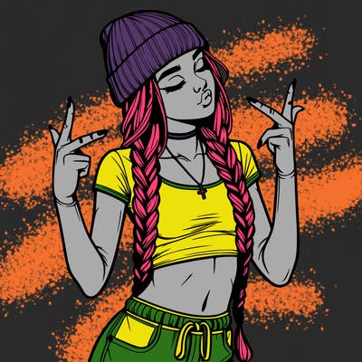realistic teenage girl with braids and a beanie and crop top doing 🫶🏼