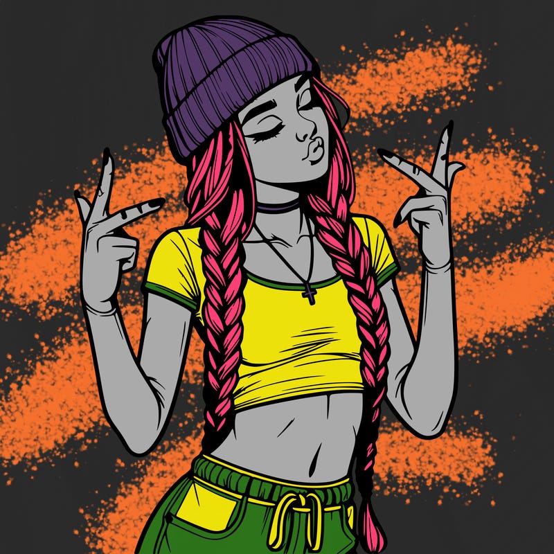 realistic teenage girl with braids and a beanie and crop top doing 🫶🏼