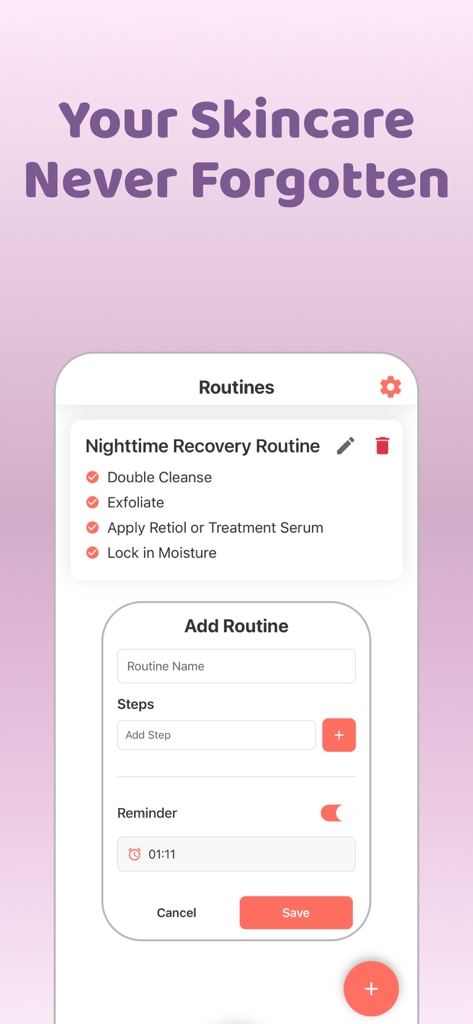 A screenshot of the Glowify app interface for managing and tracking personalized skincare routines with daily reminders.