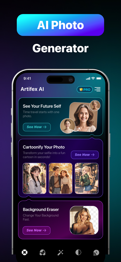 Artifex AI - AI photo Editor - Artifex AI App-Oberfläche, die Alterungsfilter, Cartoonify und Hintergrundlöscher-Werkzeuge zeigt