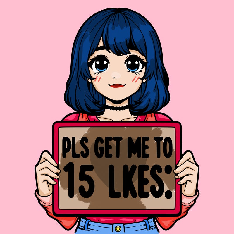 realistic girl holding up a sign that says “pls get me to 15 likes!”