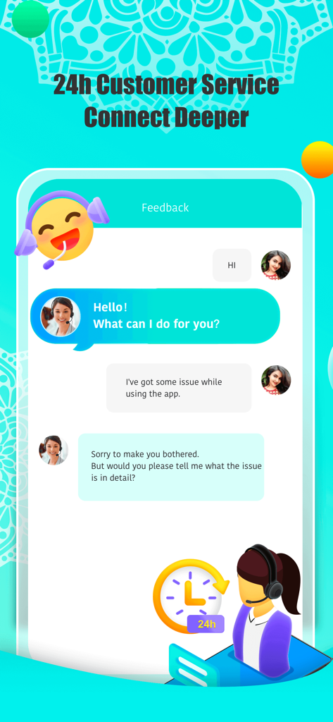 A screenshot of the Lama Voice Chat Rooms app showing the 24 hour customer support and feedback chat window