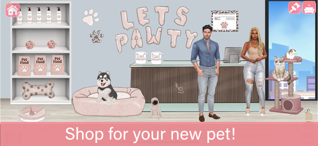 Lofti: Dreamy Room Decor Game - Aesthetic pet shop scene with cute animals and characters in the Lofti decor game.