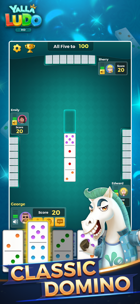 Classic Domino game mode interface in Yalla Ludo HD for iPad showing players and scores