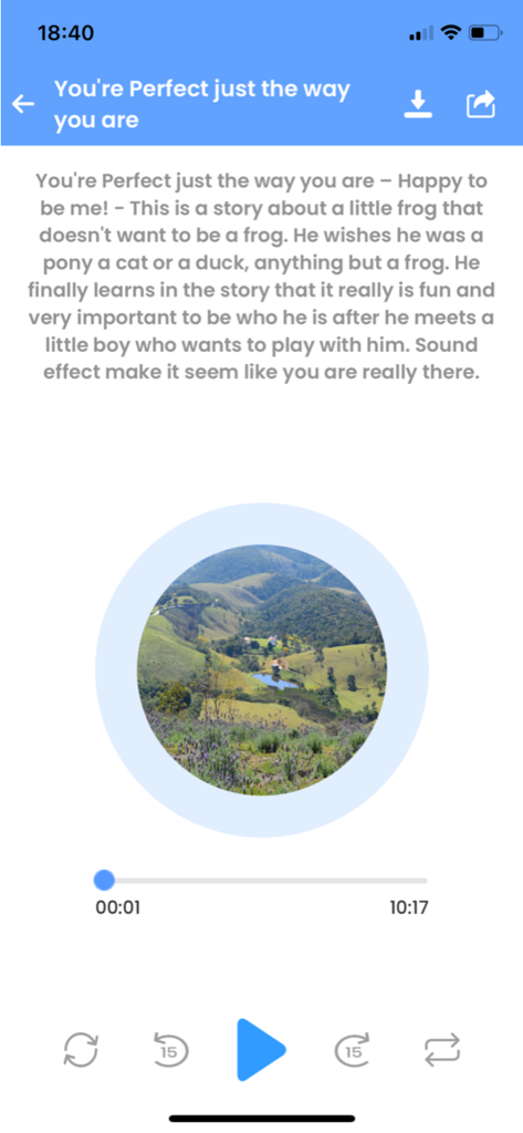 Bedtime Stories: iBaby Care - Interface do reprodutor de áudio no aplicativo Histórias de Dormir apresentando uma história sobre autoaceitação para crianças.