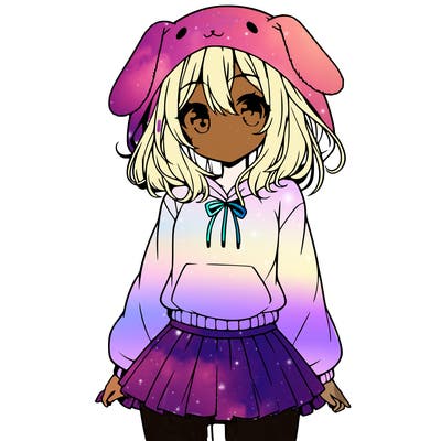 pretty anime girl wearing a fluffy hoodie with bunny ears on the hood and a skirt