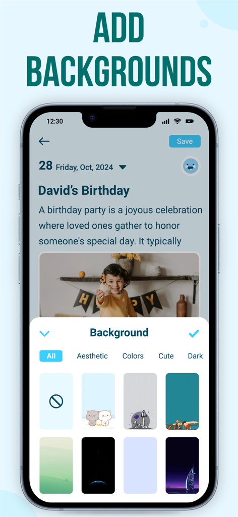 My Diary : Diary With Password - デジタル日記エントリに美しい背景を追加するオプションを表示するモバイルアプリインターフェイス