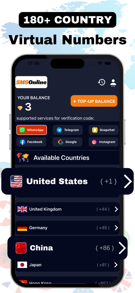 SMS Online - SMS Verification - SMS Online App-Oberfläche, die virtuelle Telefonnummern aus über 180 Ländern für die SMS-Verifizierung zeigt