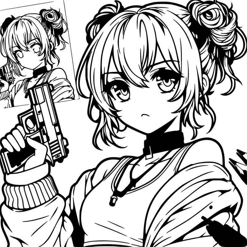 teenage anime girl baddie in a messy bun holding a gun