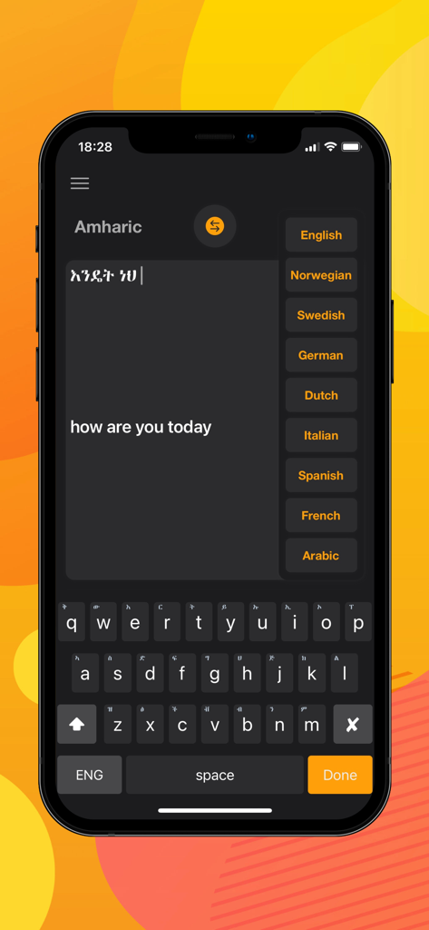 Interfaccia dell'app Il miglior traduttore amarico che mostra la traduzione dall'inglese all'amarico con tastiera integrata