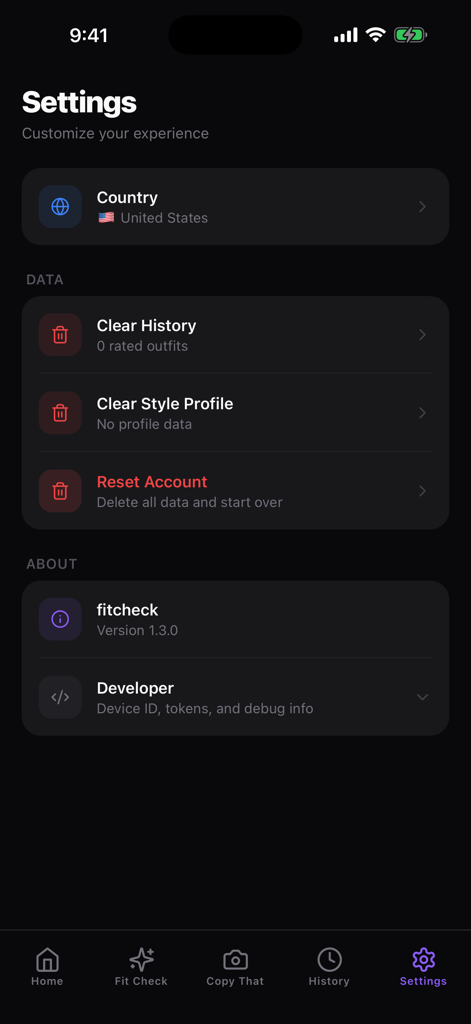 FitCheck: Your AI Style Critic - El menú de configuración de la aplicación de crítica de estilo con IA FitCheck que muestra opciones para la selección de país y la gestión de datos.