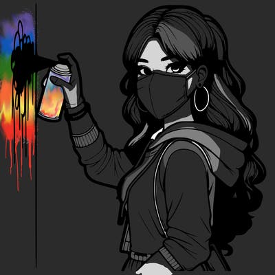 realistic girl with mask spray painting a wall