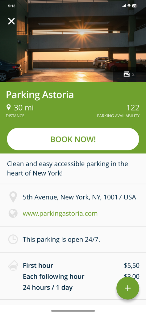 JPass - JPass mobile app showing details for Parking Astoria in New York City with availability and booking button