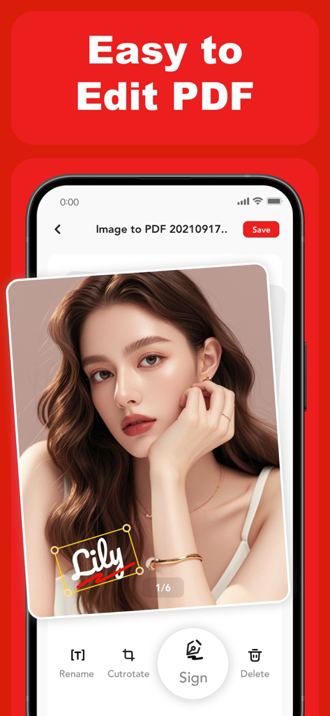 PDF Converter – Scan & Edit - Interfaccia dell'app PDF Converter che mostra lo strumento di firma digitale utilizzato su un'immagine di documento.