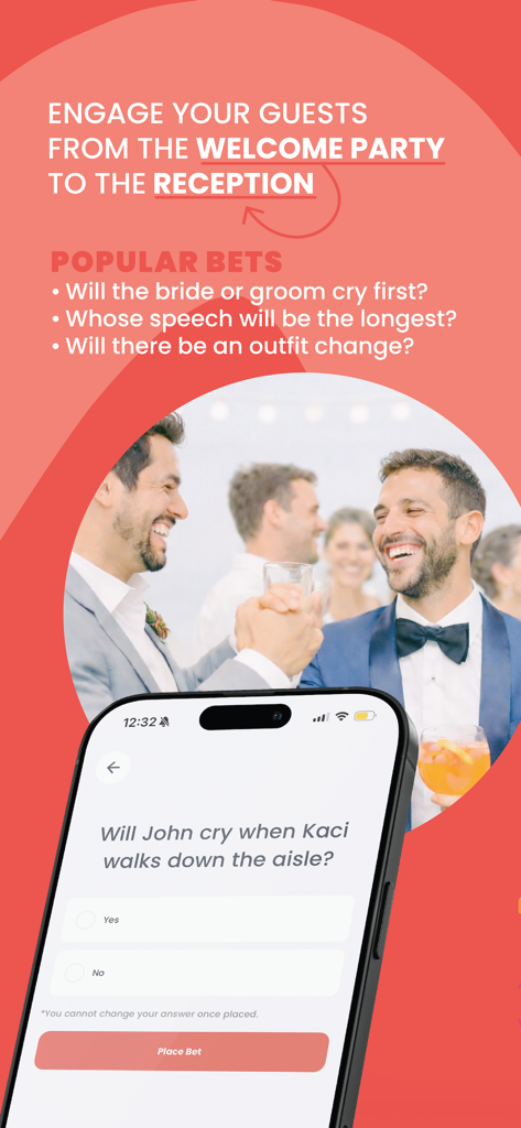 A promotional graphic for Betting on the Wedding app showing guests at a reception and a phone interface with a prediction poll.