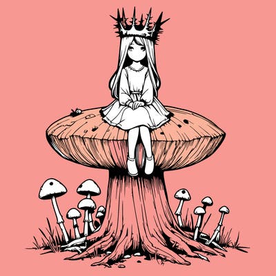 realistic girl sitting on a huge tree stump size toadstool with thorn crown