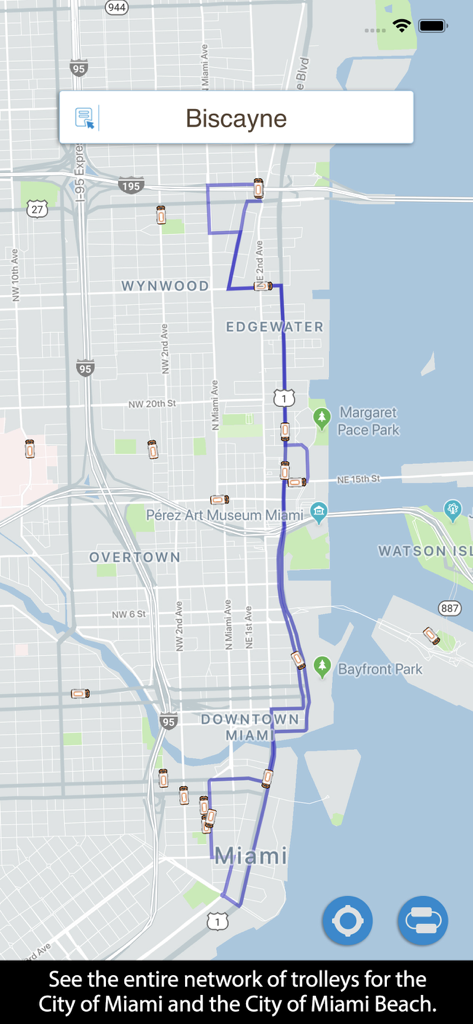 Miami Trolleys - A map of Miami showing the Biscayne trolley route with live trolley icons