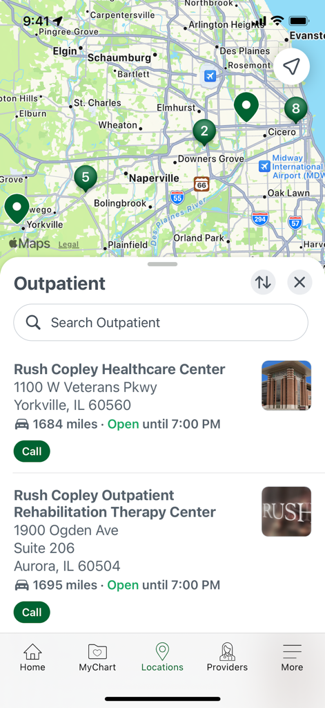 My Rush - Map view and list of outpatient medical centers in the My Rush healthcare app