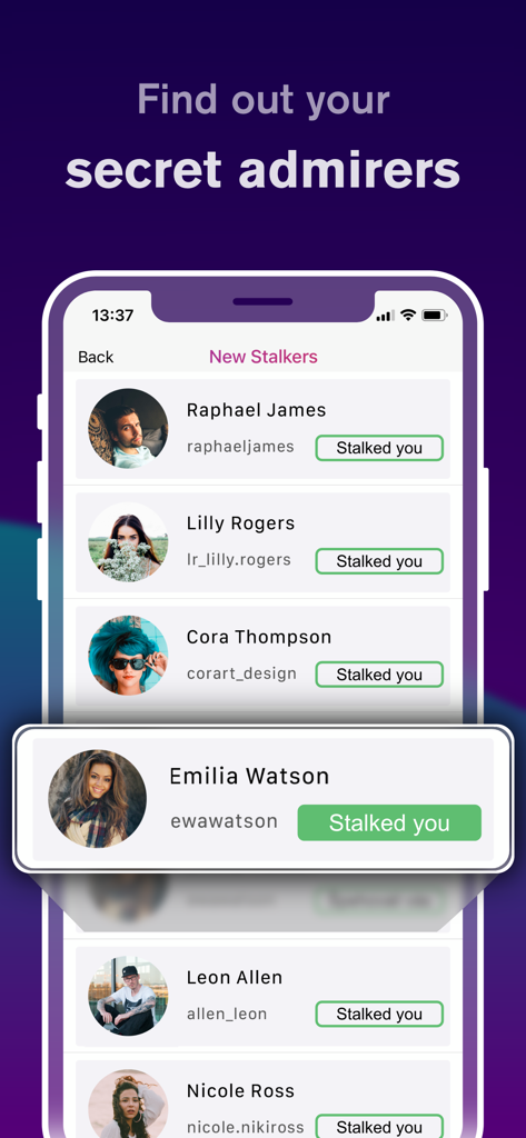 Profile Reports Tracker - Schermata dello smartphone dall'app Profile Reports Tracker che mostra un elenco di ammiratori segreti e utenti che hanno visualizzato un profilo.