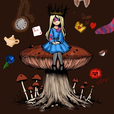 realistic girl sitting on a huge tree stump size toadstool with thorn crown