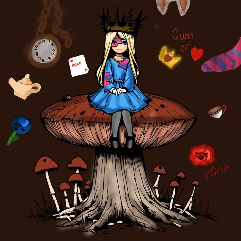 realistic girl sitting on a huge tree stump size toadstool with thorn crown