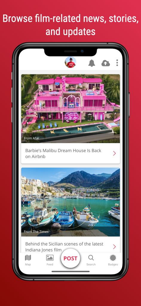 SetJetters: Movie Locations - SetJetters mobile app interface displaying a news feed with film location articles and updates.