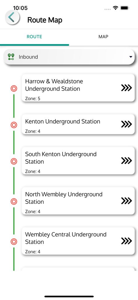 London Tube app route map showing a list of underground stations and their respective zones.