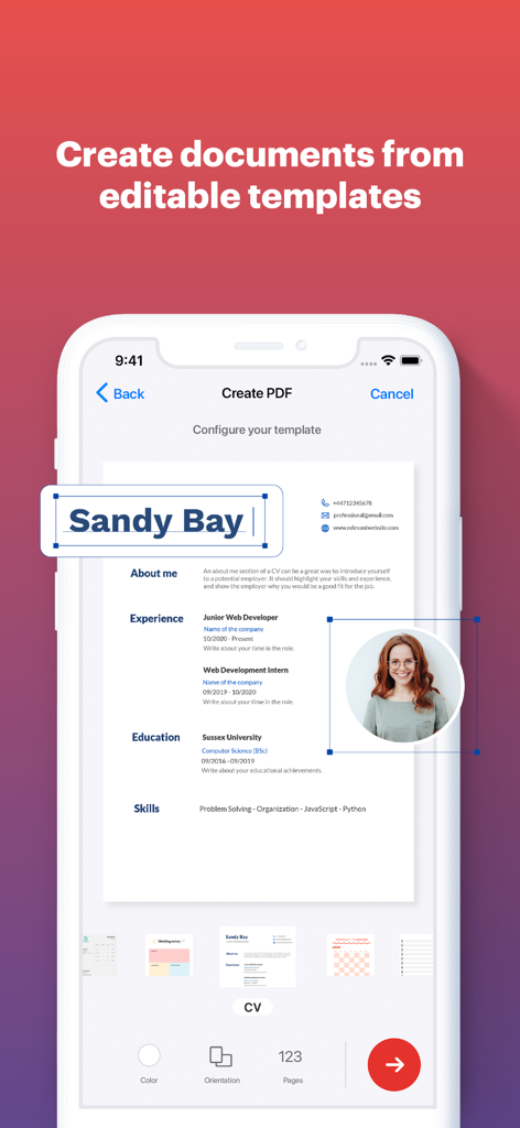 iLovePDF - PDF Editor & Scan - Creating a resume from an editable template using the iLovePDF mobile app