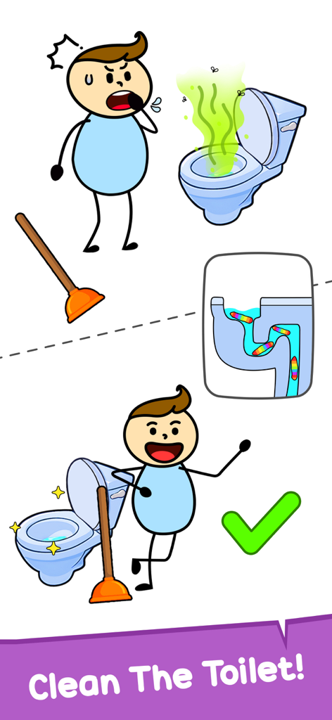 A cartoon puzzle level where the player fixes a smelly clogged toilet with a plunger