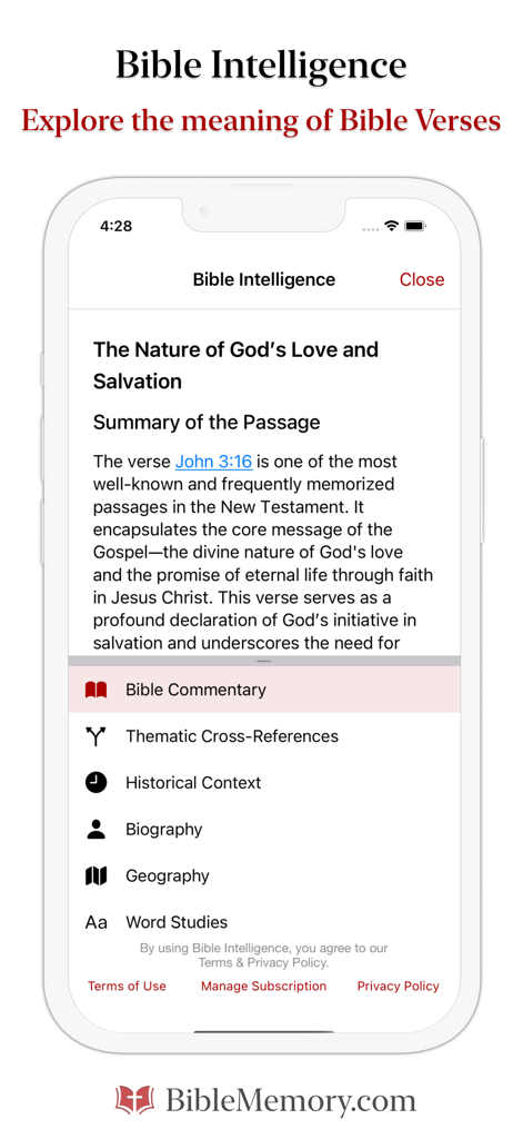 The Bible Memory App - Interfaccia della funzionalità Bible Intelligence che mostra un riassunto di Giovanni 3:16 con strumenti di studio come commenti e contesto storico.