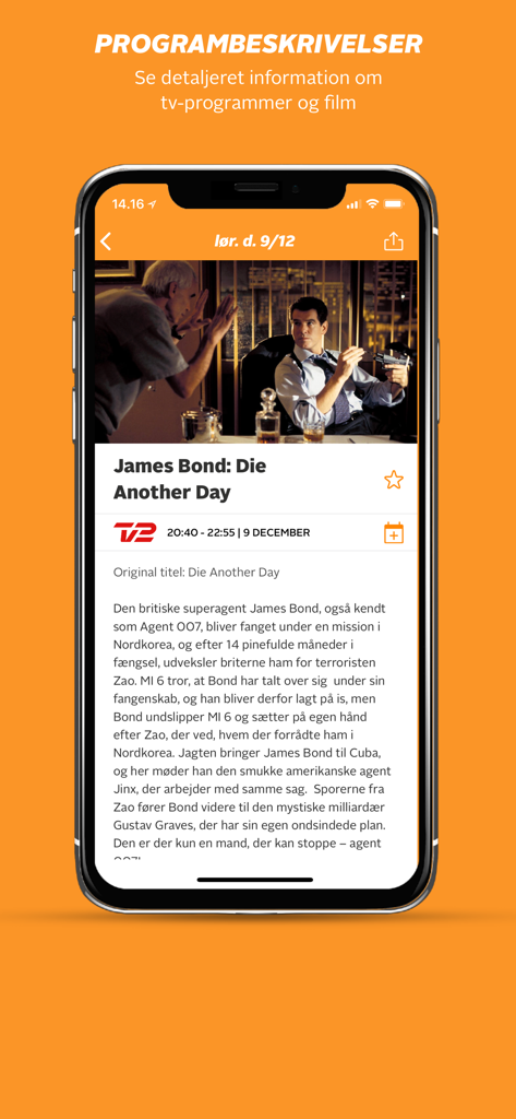 tvtid – Dansk Tv-guide - A screenshot of the tvtid app showing a detailed program description for a James Bond movie with scheduling information and a synopsis in Danish.